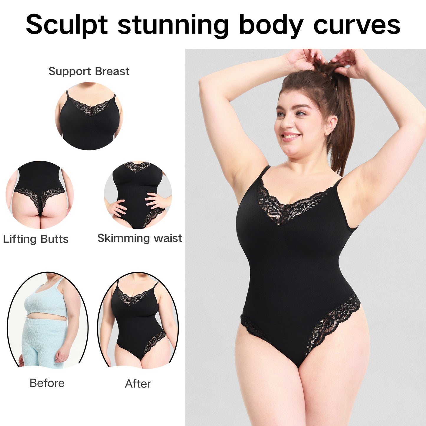 Body modelador plus size com calcinha fio dental de renda, abertura na virilha e suporte abdominal, com alças finas