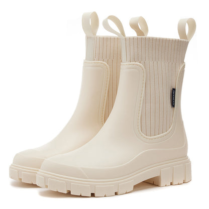 Botas de chuva de cano médio com calçado elástico, resistentes, impermeáveis, antiderrapantes e com salto baixo