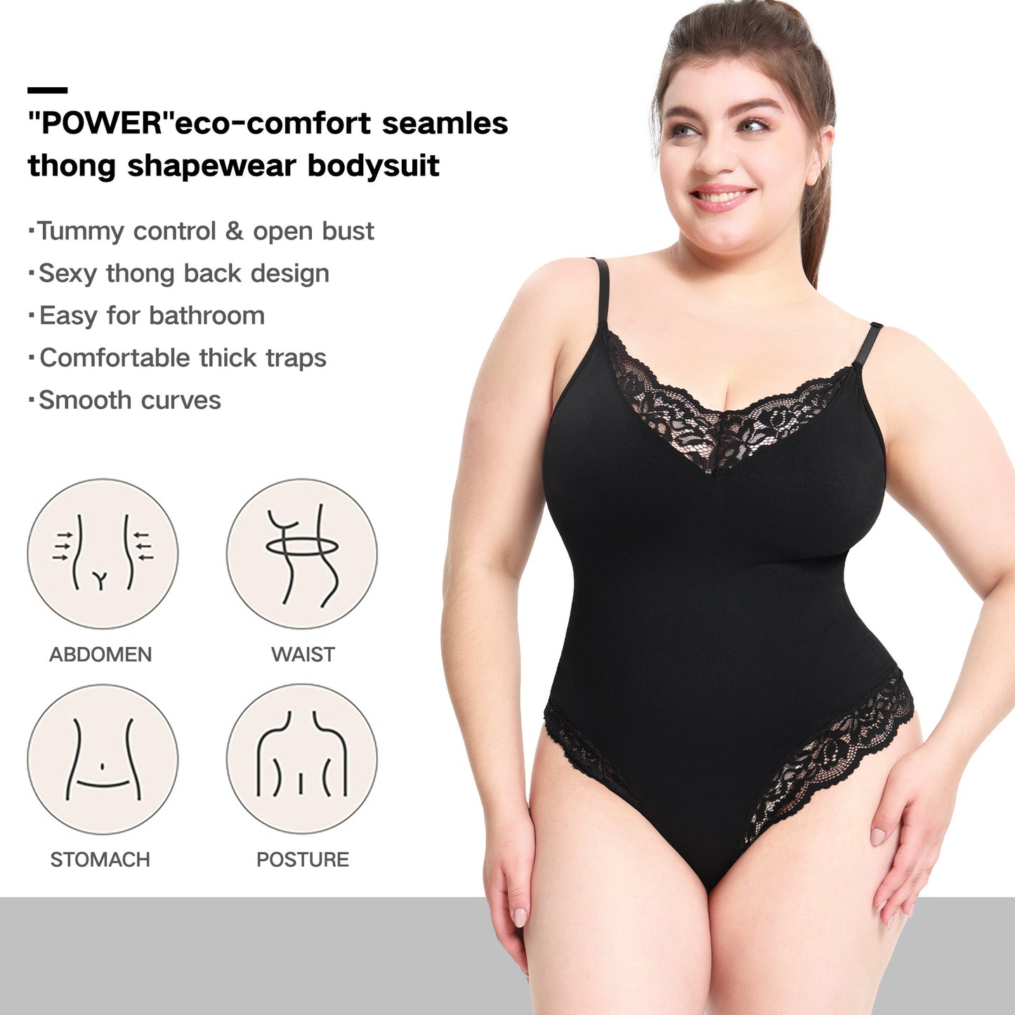 Body modelador plus size com calcinha fio dental de renda, abertura na virilha e suporte abdominal, com alças finas
