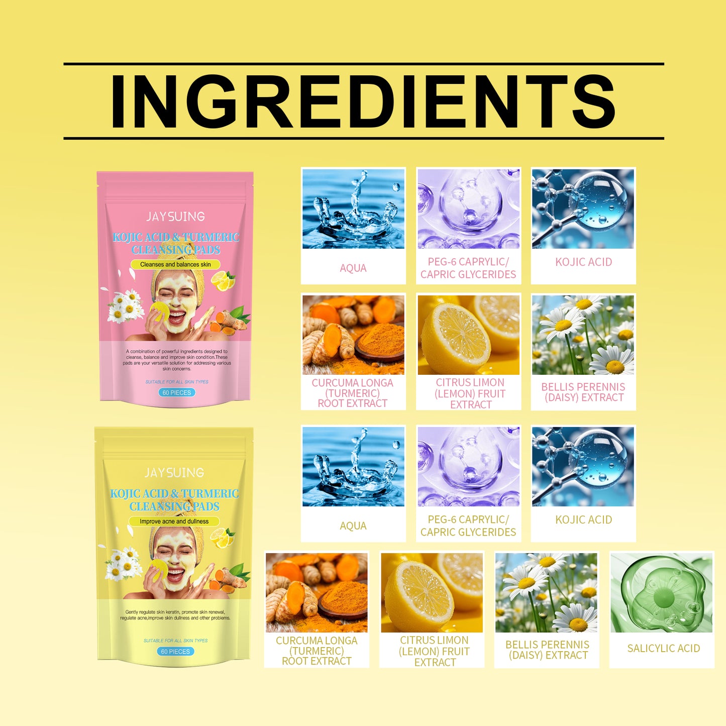Discos de limpeza facial Jaysuing com ácido kójico e cúrcuma, balanceados em água e óleo, limpam suavemente a camada de queratina da pele, purificando e acalmando delicadamente a pele