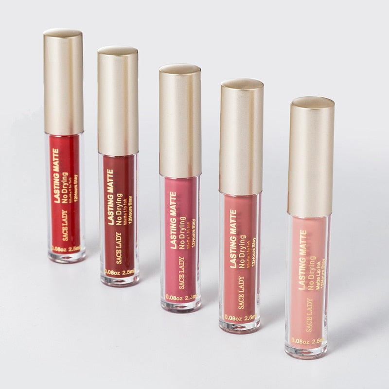 Kit de batom líquido matte à prova d'Água, nude, de longa duração com gloss labial e maquiagem para lábios