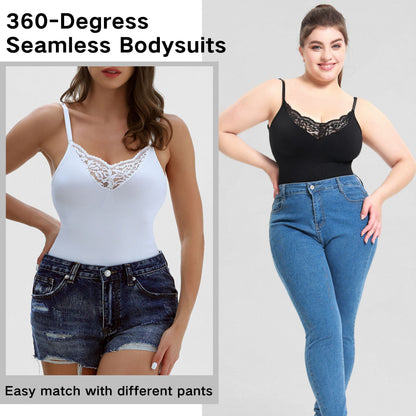 Body modelador plus size com calcinha fio dental de renda, abertura na virilha e suporte abdominal, com alças finas