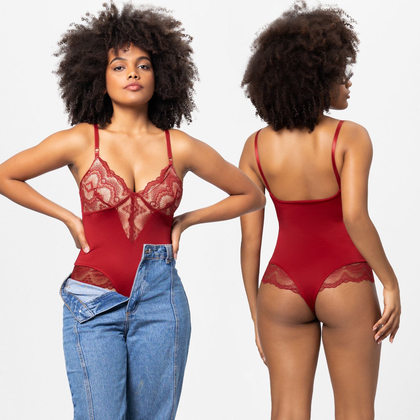 Body plus size com alças finas e detalhes em renda