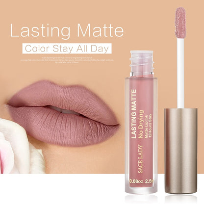 Kit de batom líquido matte à prova d'Água, nude, de longa duração com gloss labial e maquiagem para lábios