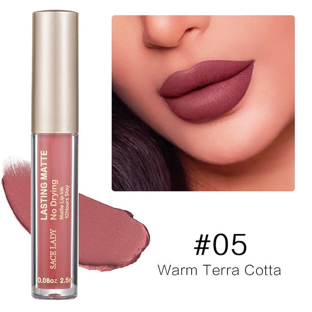 Kit de batom líquido matte à prova d'Água, nude, de longa duração com gloss labial e maquiagem para lábios