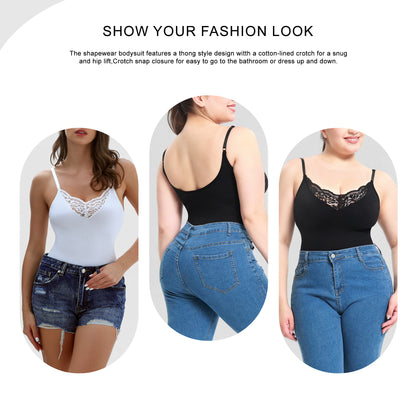 Body modelador plus size com calcinha fio dental de renda, abertura na virilha e suporte abdominal, com alças finas