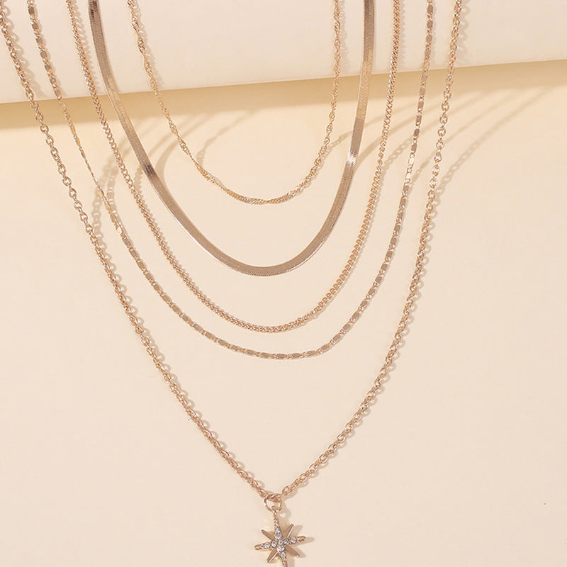 Colares elegantes em várias camadas, corrente longa com cristais