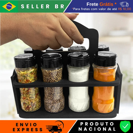 Porta tempero e especiarias com alça de madeira com 8 potes de plástico, capacidade 130ml, tampa dosadora, organiza cozinha e dispensa