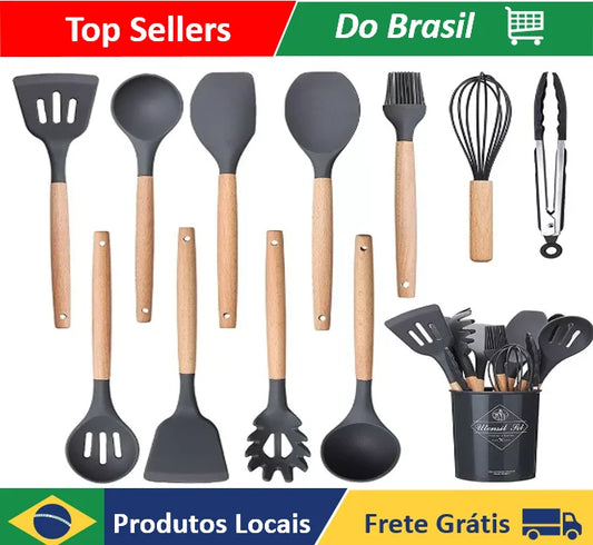 Kit com 12 utensílios de cozinha em silicone e cabo de madeira