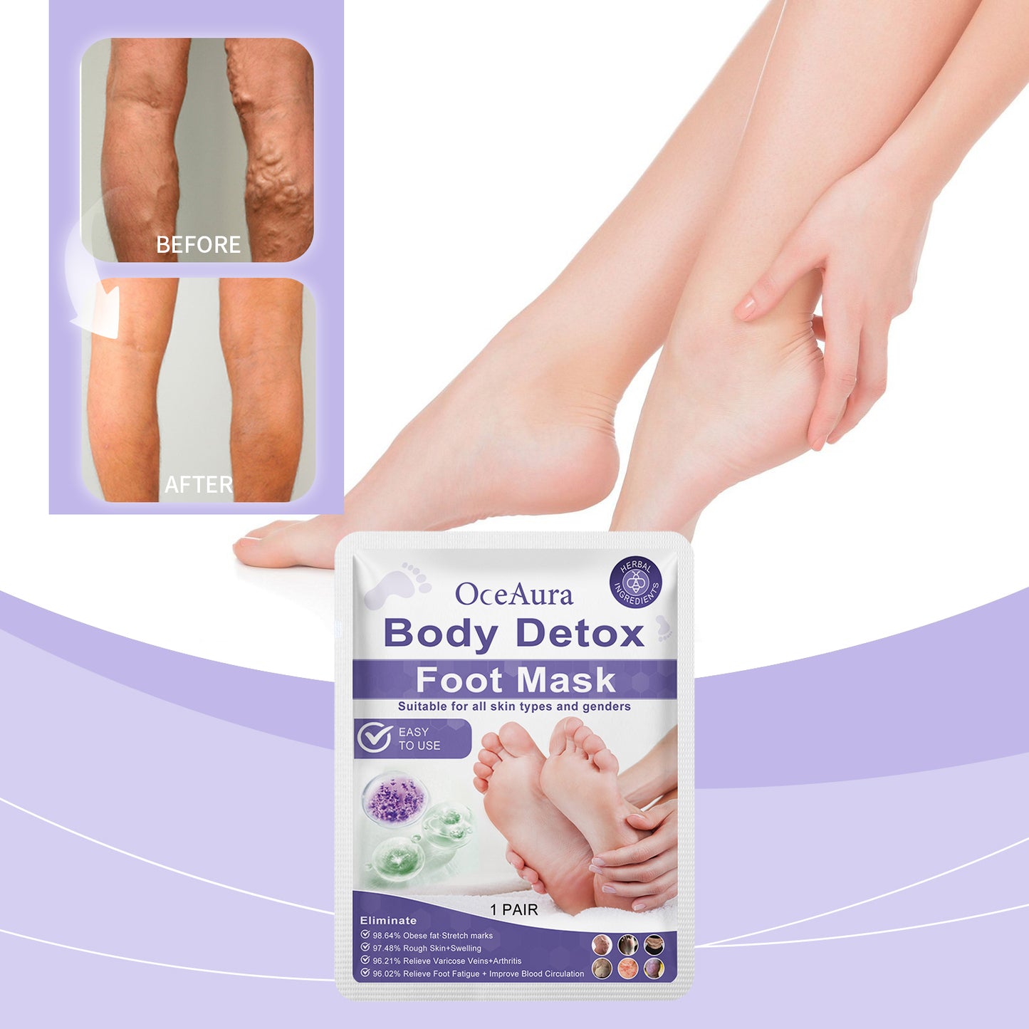 Máscara para os pés OceAura (embalagem) alivia o desconforto nos pés, limpa suavemente, aumenta o conforto, firma e hidrata a pele