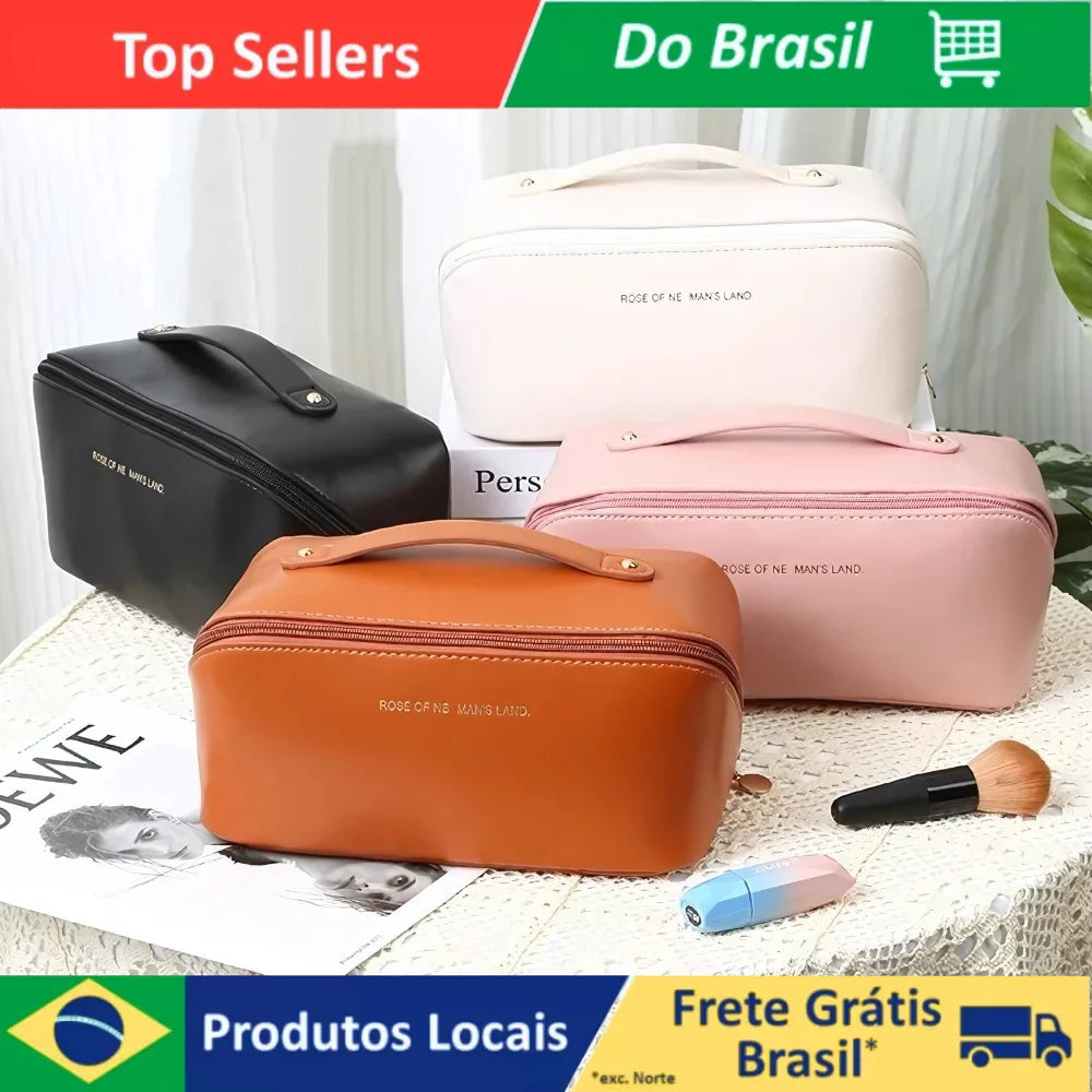 Bolsa necessaire para maquiagem e cosméticos, em couro, grande capacidade, portátil, para viagens
