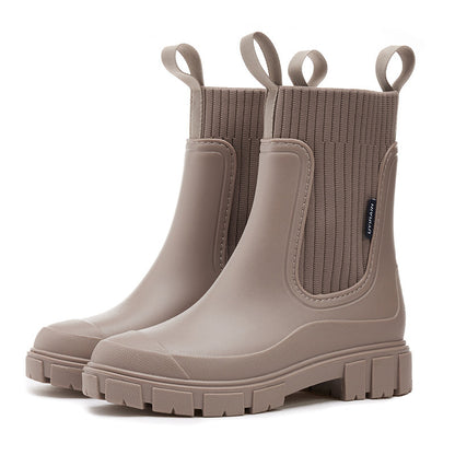 Botas de chuva de cano médio com calçado elástico, resistentes, impermeáveis, antiderrapantes e com salto baixo