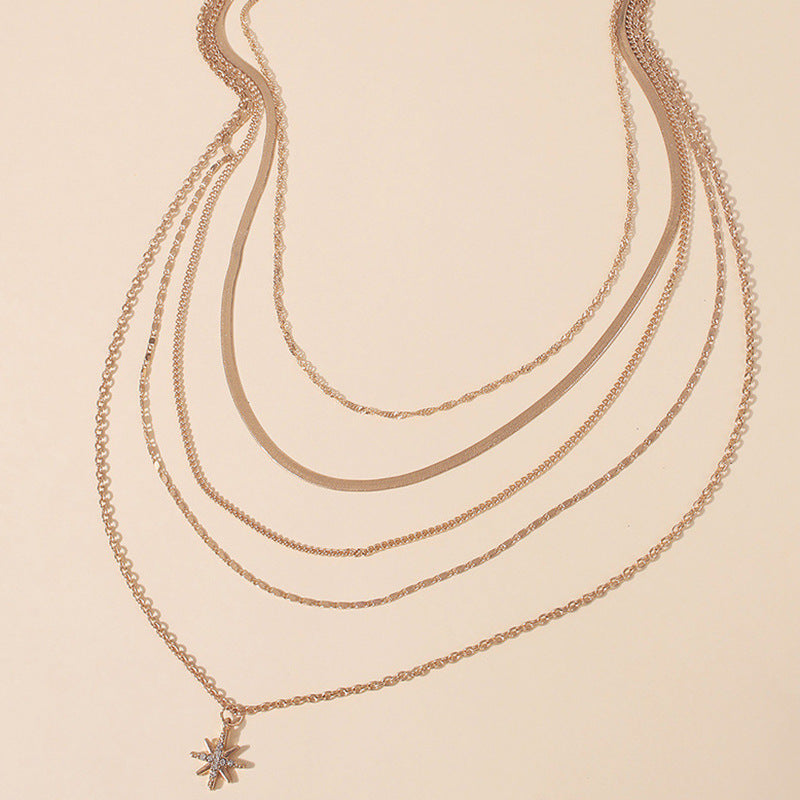 Colares elegantes em várias camadas, corrente longa com cristais