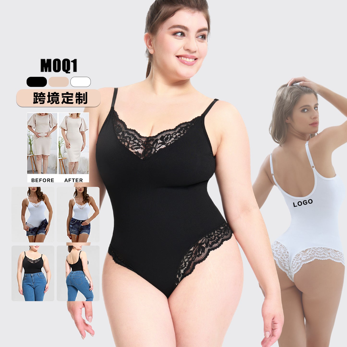 Body modelador plus size com calcinha fio dental de renda, abertura na virilha e suporte abdominal, com alças finas