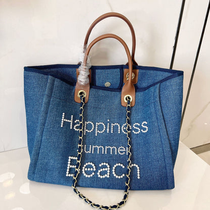 Bolsa de praia em lona com alça de couro e detalhes de pérolas, estilo tote único, com alça de ombro