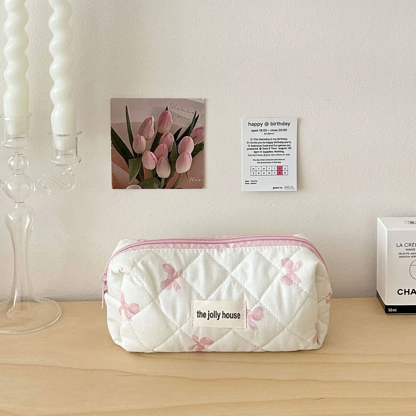 Necessaire de algodão acolchoado com laço floral, organizador de cosméticos com zíper, bolsa de mão portátil para artigos de higiene pessoal