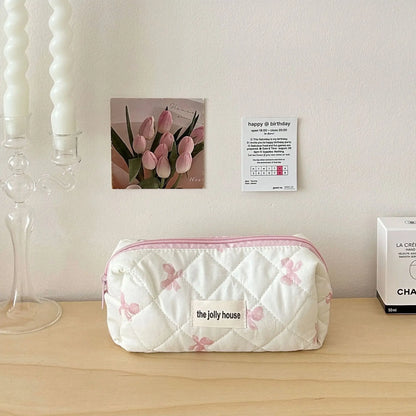 Necessaire de algodão acolchoado com laço floral, organizador de cosméticos com zíper, bolsa de mão portátil para artigos de higiene pessoal