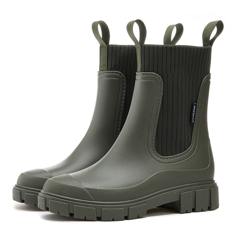 Botas de chuva de cano médio com calçado elástico, resistentes, impermeáveis, antiderrapantes e com salto baixo