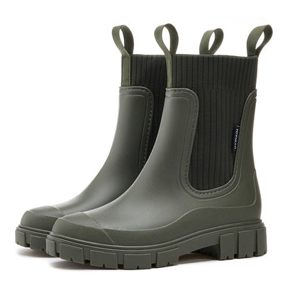 Botas de chuva de cano médio com calçado elástico, resistentes, impermeáveis, antiderrapantes e com salto baixo