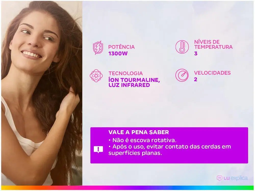 Escova secadora Britannia, 1300W com luz infravermelha, íons cerâmicos e turmalina, 2 velocidades, Bivolt